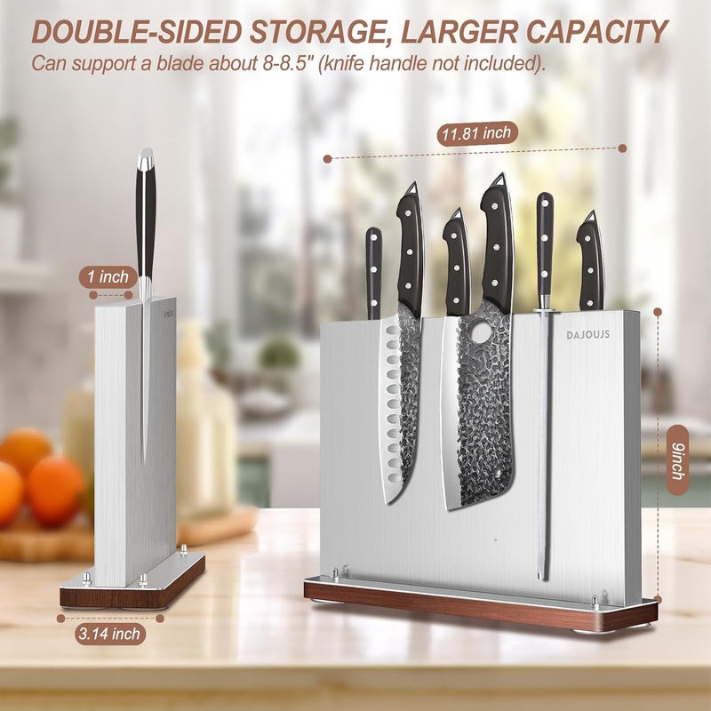 DAJOUJS Magnetic Knife Holder, Stainless Steel Magnetic Knife Block without Knives, Strong Double Sided Magnet Knife Storage Strip with Wood Base for Kitchen Counter-Silver - Image 5